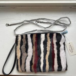 Mink fur wristlet clutch with detachable crossbody chain